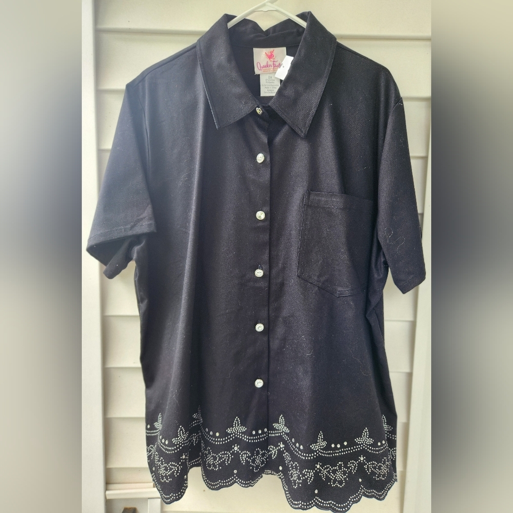 Black Top Pants Outfit Diamond Button Silver Rhinestone Lower Pattern Size 2X